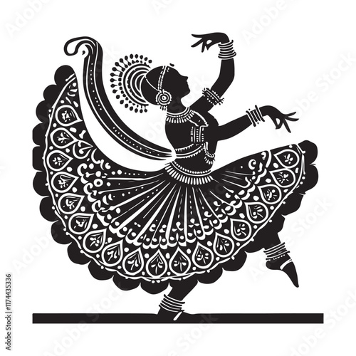 Kathak Silhouette Vector Illustration, Solid White Background.