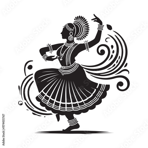 Kathak Silhouette Vector Illustration, Solid White Background.