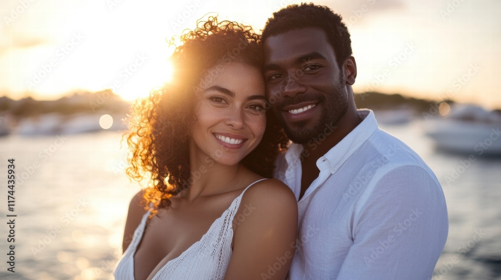 Romantic sunset cruise: Happy interracial couple embracing on a yacht, enjoying love and adventure at sea Romantic sunset cruise: Happy interracial couple embracing on a yacht, enjoying love and adventure at sea