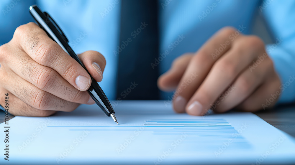 Close up of person writing on document with pen, showcasing focus and professionalism Close up of person writing on document with pen, showcasing focus and professionalism