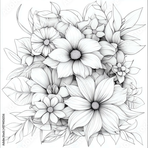 Wallpaper Mural Intricate black and white floral illustration showcasing diverse flowers and leaves in a detailed and artistic arrangement. Torontodigital.ca