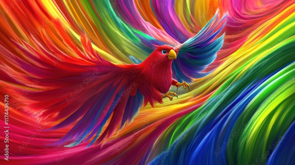 Obraz premium Colorful parrot in flight amidst vibrant, swirling paint strokes.