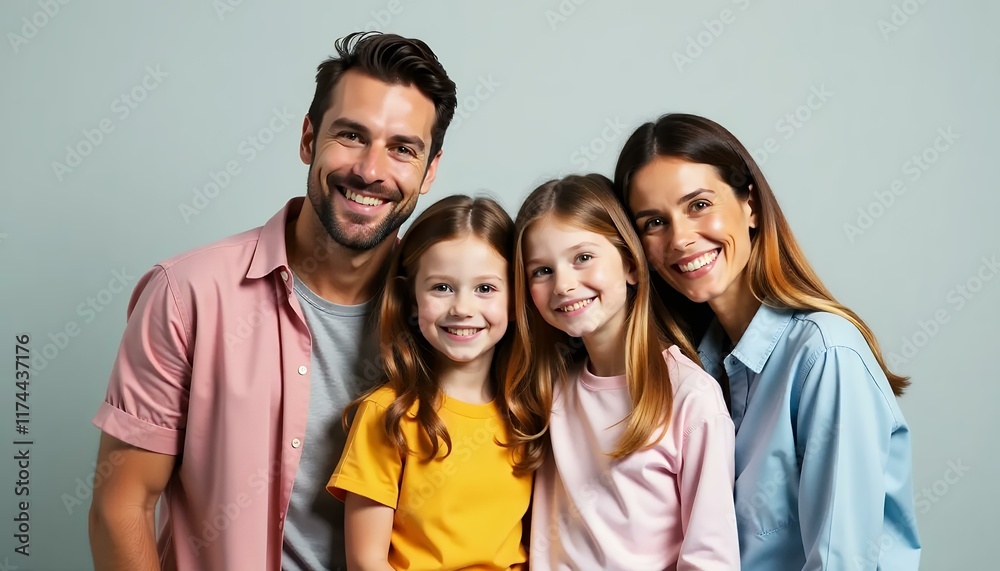 Happy Family Portrait, Parents and Two Daughters Smiling Together Happy Family Portrait, Parents and Two Daughters Smiling Together