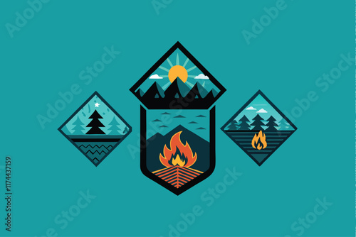 A set of colorful adventure badges featuring trails, campfires, and mountains, perfect for outdoor enthusiasts. photo