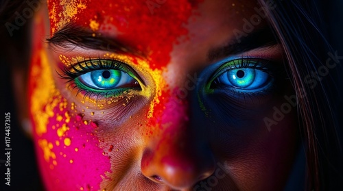 Les yeux bleus d’une femme, ornés de la poudre de Holi,.