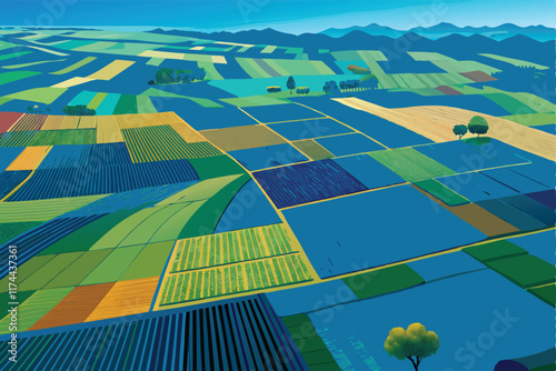 An aerial perspective showcasing a vibrant mosaic of different crops and fields, highlighting the intricate patterns created by diverse agricultural practices.