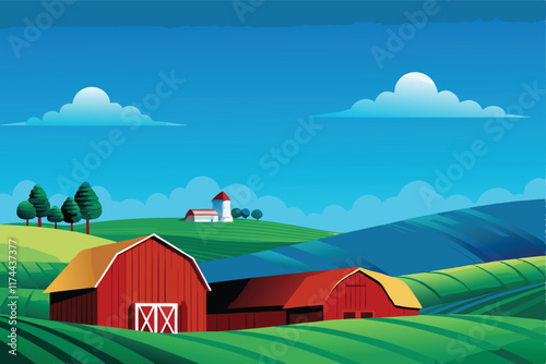 A picturesque farm scene with two vibrant red barns nestled amongst rolling green hills.