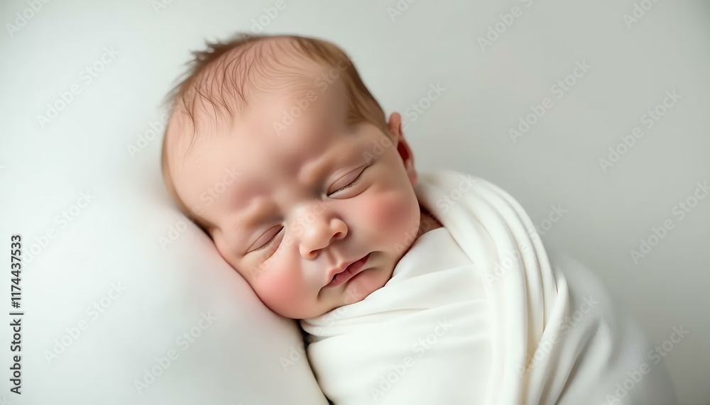 Newborn Baby Sleeping Swaddled in White Blanket, Cute Infant Portrait Newborn Baby Sleeping Swaddled in White Blanket, Cute Infant Portrait