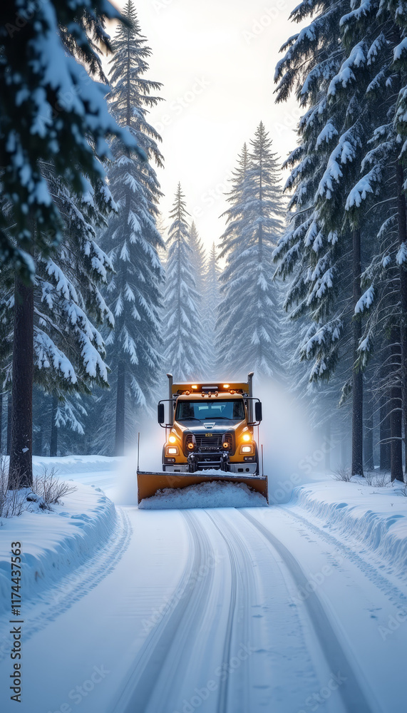 Snowplow Clearing Snowy Road in Dense Forest Snowplow Clearing Snowy Road in Dense Forest