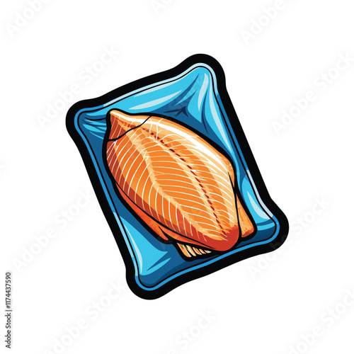 A stylized vector illustration of a frozen fish fillet encased in a block of ice, with frost and condensation details.
