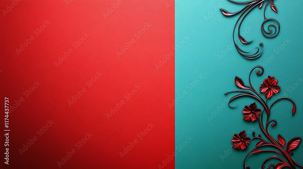 Red and Teal Background with Ornate Floral Designs Red and Teal Background with Ornate Floral Designs