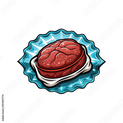 Close-up photograph of a frozen beef patty in vacuum-sealed packaging. The packaging should be clear and show the patty in detail.