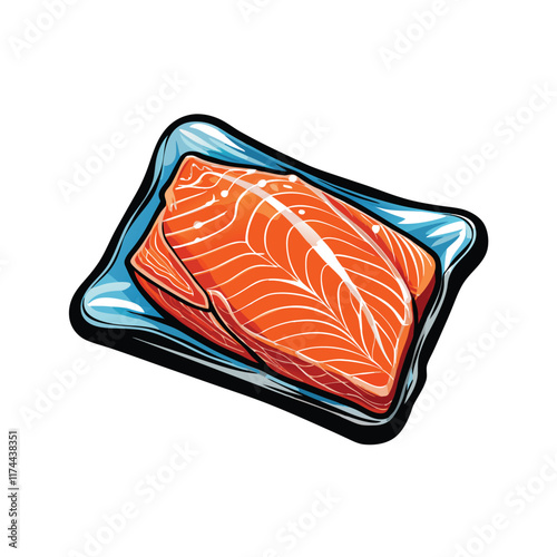 A close-up of a frozen salmon fillet inside clear vacuum packaging, showcasing the fish's pink flesh and silver skin.