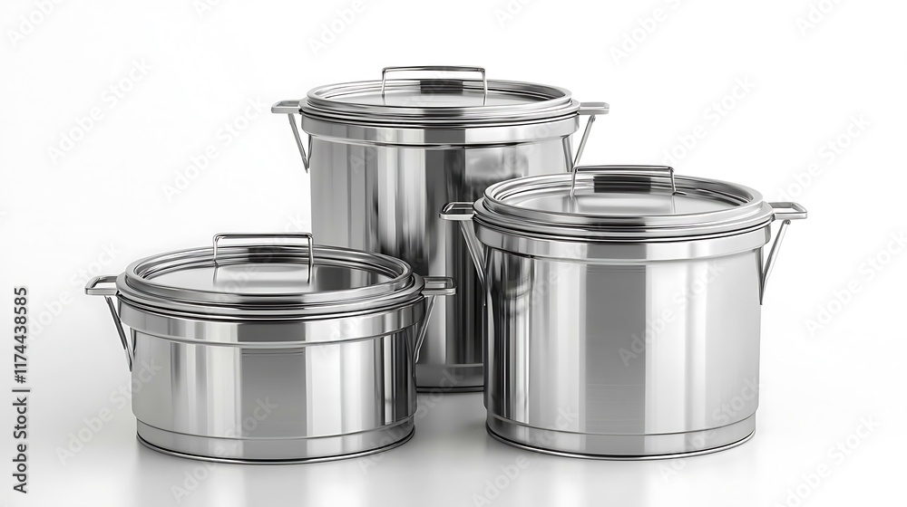 Three pots are shown in a row, all of which are silver and have lids Three pots are shown in a row, all of which are silver and have lids