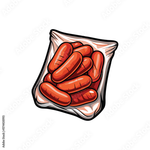 A realistic vector illustration of frozen sausages, individually wrapped and tightly packed inside a sealed freezer bag, ready for storage.