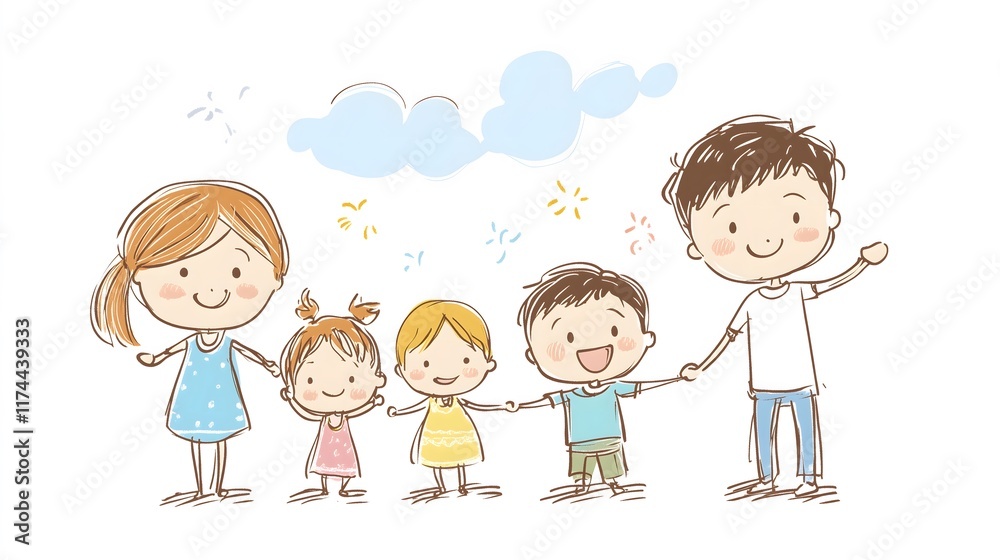 Playful Hand-Drawn Illustration of a Happy Family Holding Hands Playful Hand-Drawn Illustration of a Happy Family Holding Hands