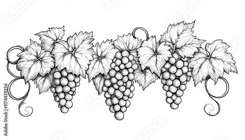 Elegant grapevine illustration with detailed leaves and ripe bunches. Ideal for wine labels packaging or harvest-themed designs.