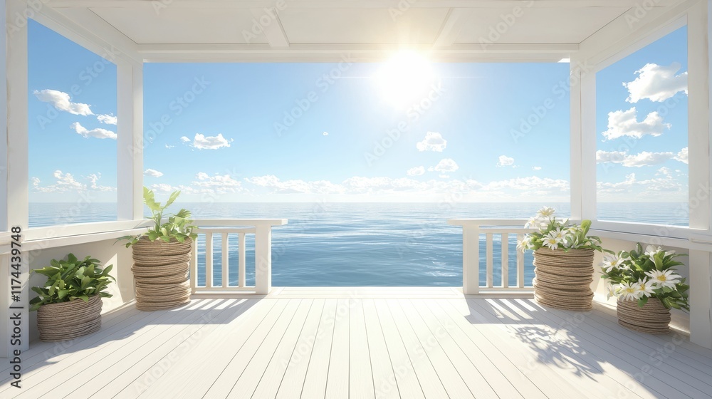 Fototapeta premium cargo management transportation coordination Serene coastal view from a bright, sunlit porch.