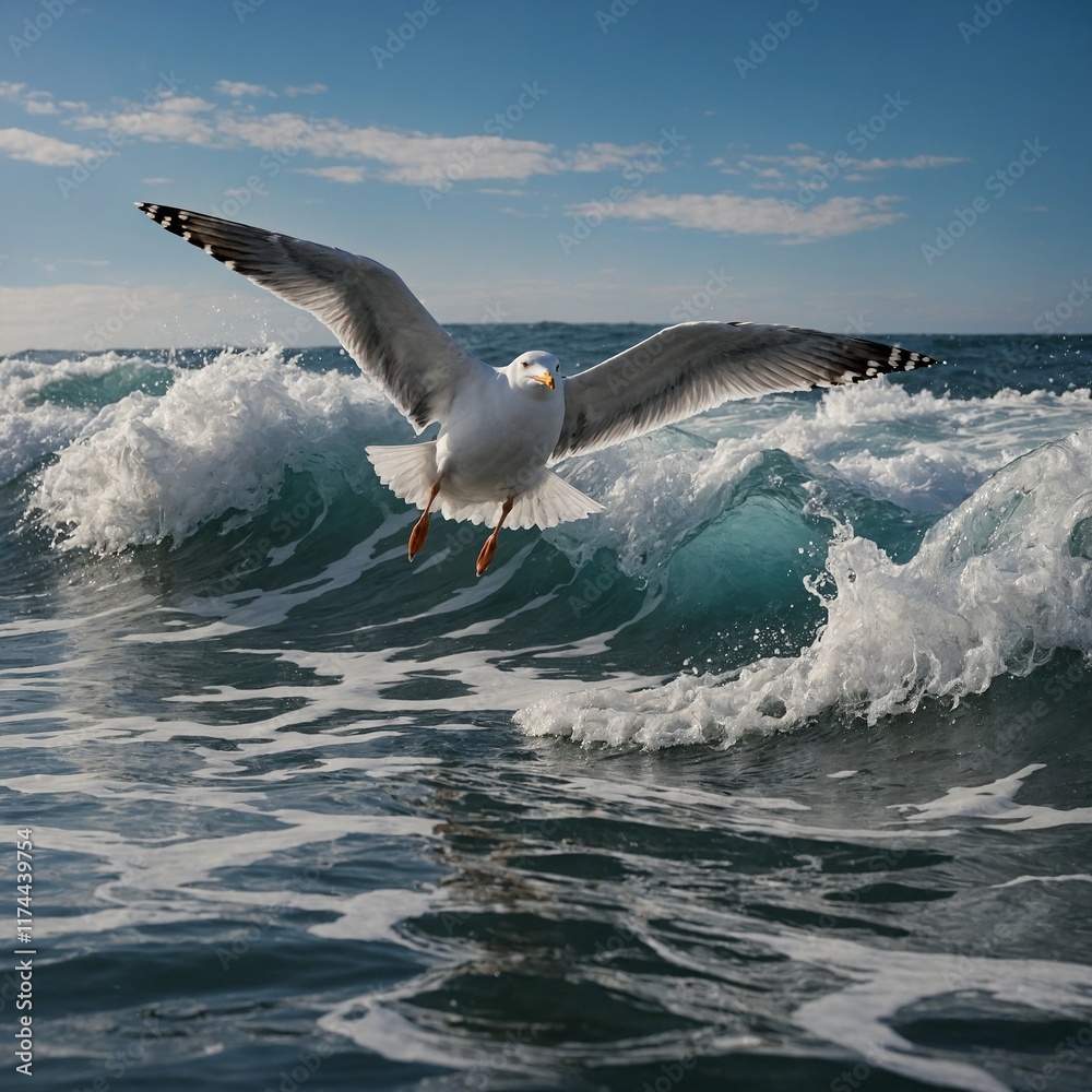 Naklejka premium Snap a seagull gliding gracefully over ocean waves.