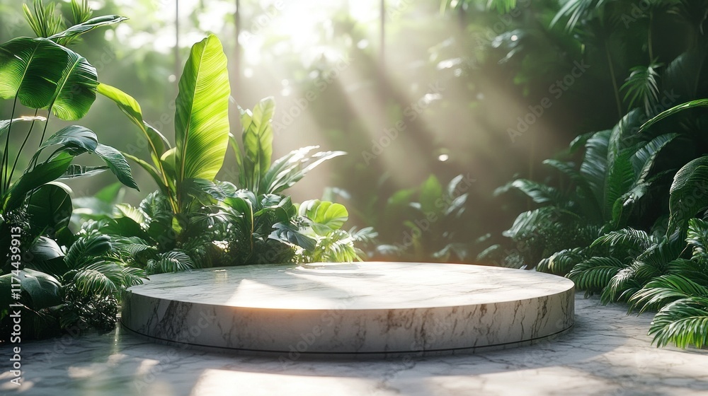 A serene circular platform surrounded by lush greenery and soft sunlight.