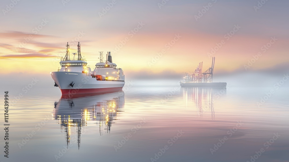 Fototapeta premium cargo management transportation coordination Serene ships navigating calm waters at sunrise.