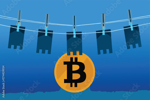 An illustration depicting the use of Bitcoin and other cryptocurrencies in money laundering schemes.