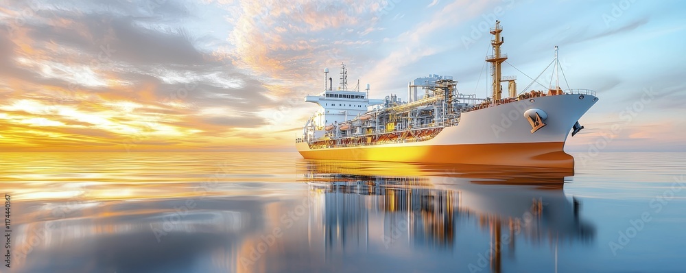 Obraz premium cargo management transportation coordination Majestic ship sailing on a tranquil sea at sunset.