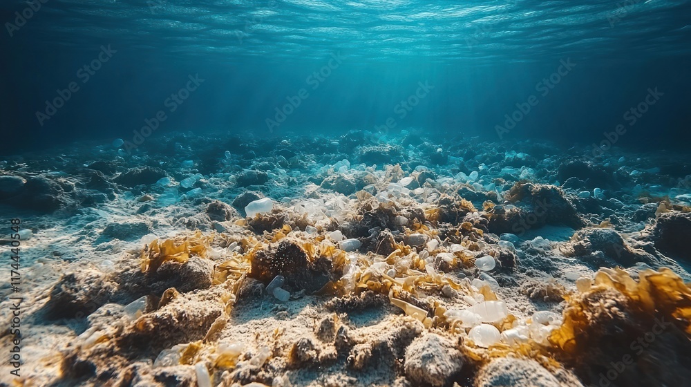 Fototapeta premium Underwater scene showcasing rocky seabed with seaweed and gentle light rays.