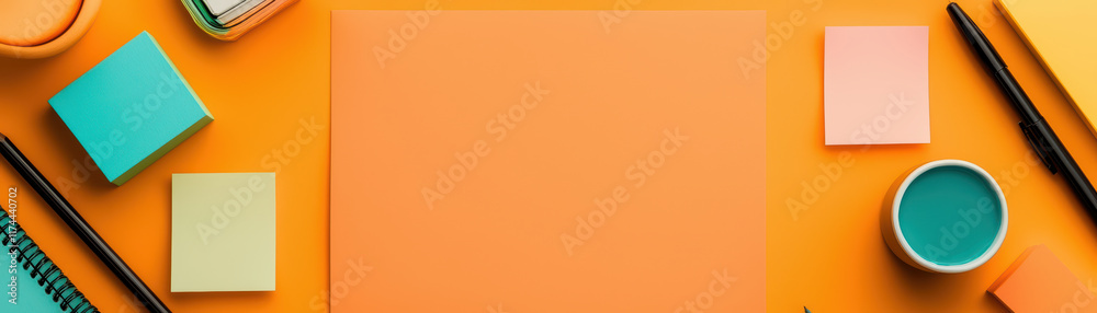 Vibrant flat lay of stationery items on orange background, showcasing creativity Vibrant flat lay of stationery items on orange background, showcasing creativity
