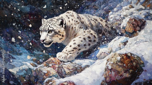 A snow leopard prowling through a rocky, snowy terrain photo