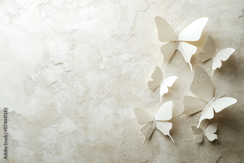 A minimalistic composition of white paper butterflies gently resting on a textured, neutral toned backdrop.