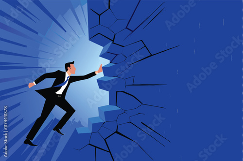 An abstract illustration depicting a businessperson breaking through a barrier, symbolizing overcoming limitations and achieving success.