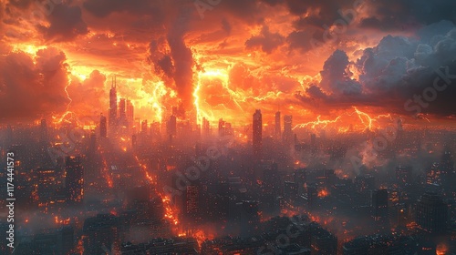 Lightning storm over city, flash over city cataclysm landscape panorama