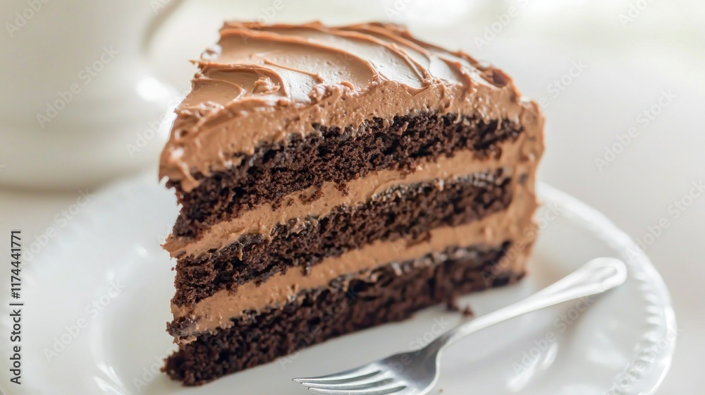 A slice of rich chocolate cake with creamy frosting on a plate. A slice of rich chocolate cake with creamy frosting on a plate.