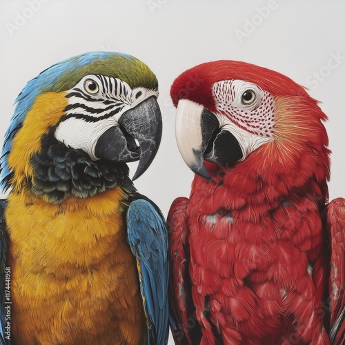 Colorful Parrots in Close-Up Displaying Vibrant Feathers and Unique Characteristics on White Background photo