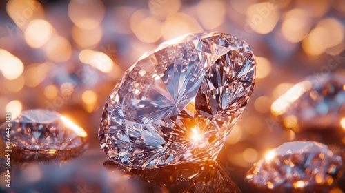 The perfect diamond glistens under soft, radiant light, showcasing its brilliance. The diamond's flawless cut reflects light from every angle, creating a dazzling spectacle. photo