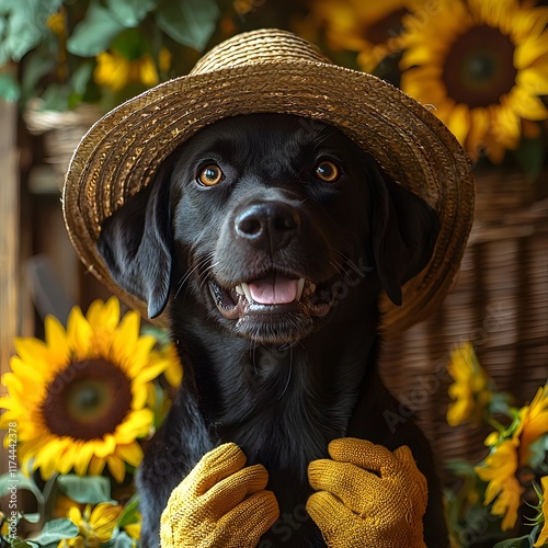 Cheerful Labrador Gardener Surrounded by Sunflowers and Garden Tools