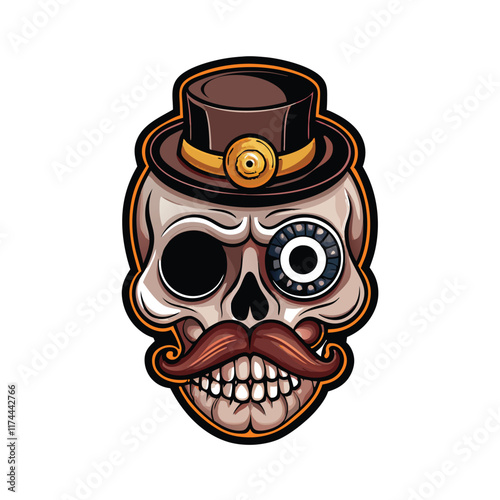 A cartoon skull with a silly mustache and monocle, wearing a top hat and bow tie. The skull is smiling with a mischievous twinkle in its eye.