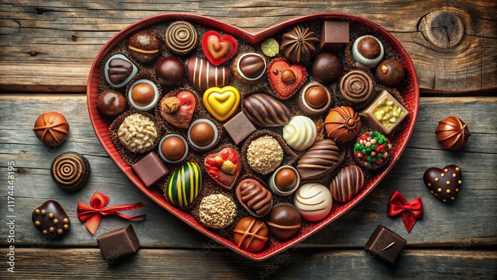 Aerial View: Heart-Shaped Chocolate Box & Assorted Chocolates Aerial View: Heart-Shaped Chocolate Box & Assorted Chocolates