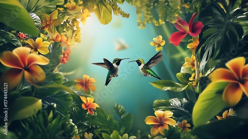 Hummingbirds in Tropical Paradise: A vibrant digital art depicting two hummingbirds amidst lush foliage and blossoms.