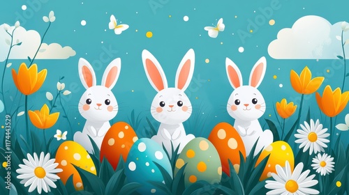 A charming Easter-themed seamless pattern with bunnies hopping among colorful Easter eggs, daisies, and tulips, designed with a whimsical and artistic touch