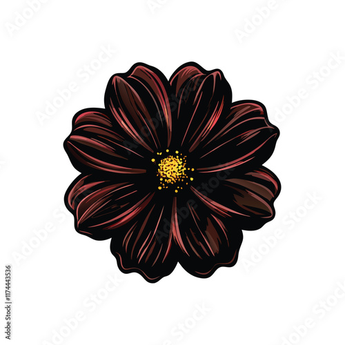 Create a realistic vector illustration of a chocolate cosmos flower, showcasing its rich brown petals and delicate structure. The flower should be depicted in full bloom against a neutral background.