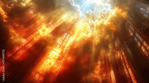A majestic view of radiant sunlight streaming through the stained glass windows of a cathedral, creating a heavenly golden glow, with vibrant colors illuminating the spiritual atmosphere