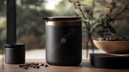 A stylish coffee canister with airtight seal and premium branding photo