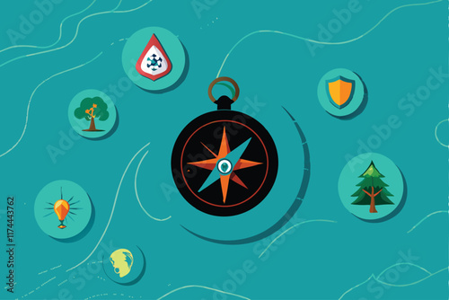 A classic compass superimposed on an old, faded map, with vintage badges and embellishments. The compass should be in a prominent position, with the map providing a textured background.