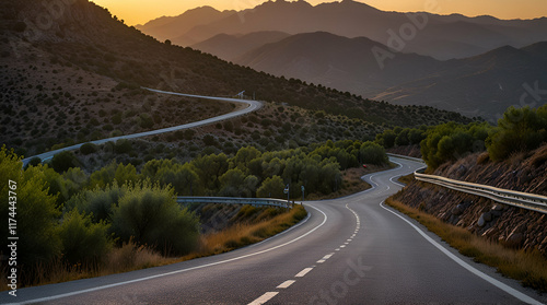 rental car in spain mountain landscape road at sunset,generative.ai
