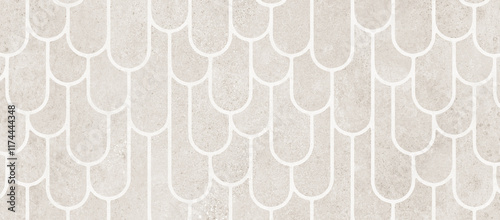 The image showcases a neutral scalloped geometric pattern with a clean, minimalist design and a textured stone-like finish.
