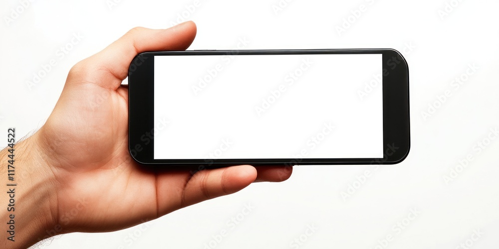 A hand holds a smartphone with a blank screen A hand holds a smartphone with a blank screen