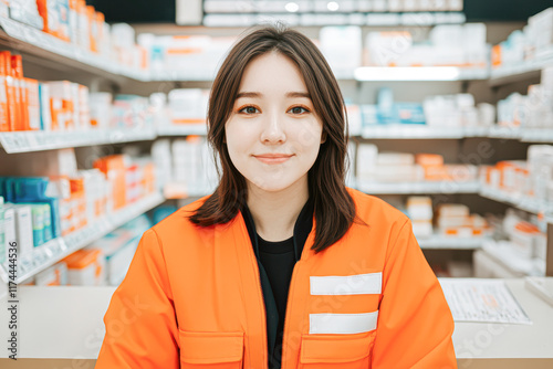 Free Download A woman in an orange jacket is smiling at the camera in a pharmacy - GFXLoad