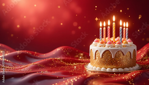 Festive birthday cake, joyful celebration mood, decorated with candles and sparkles, red background
